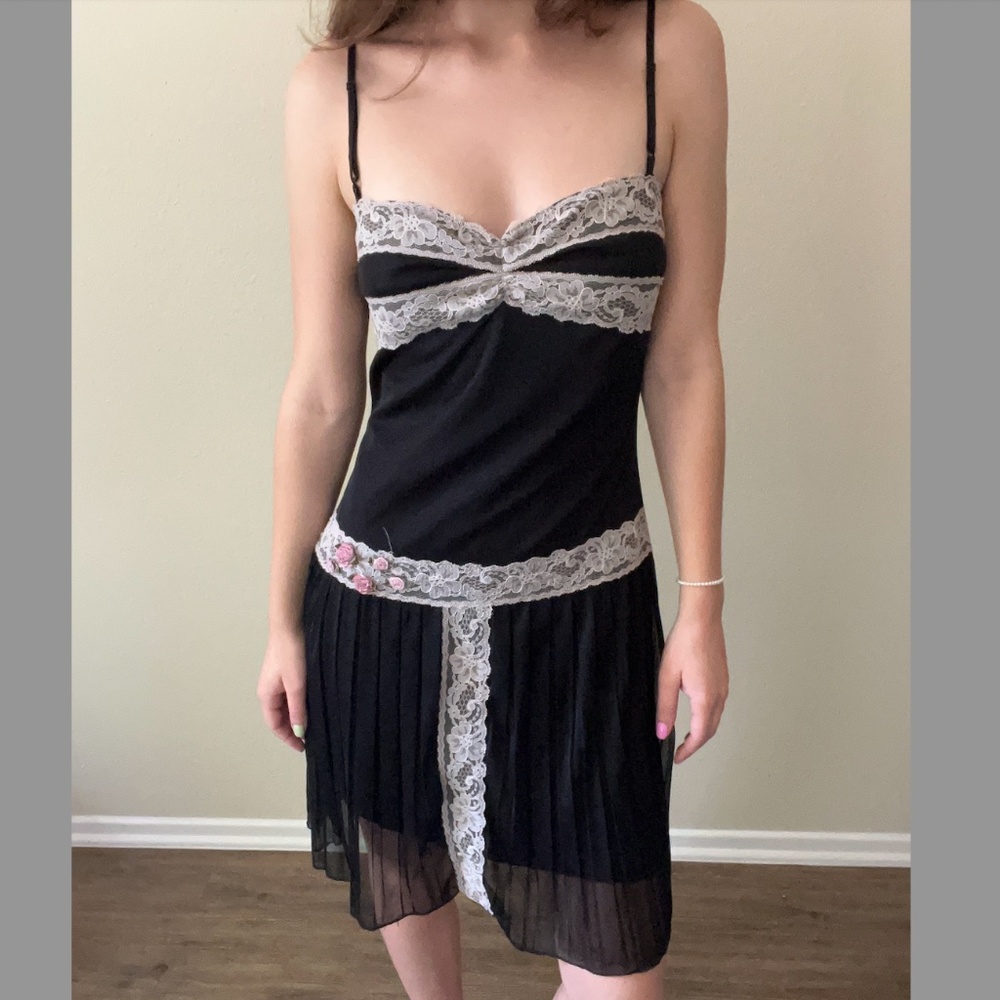 Vintage Black Cocktail Dress with White Lace Detail